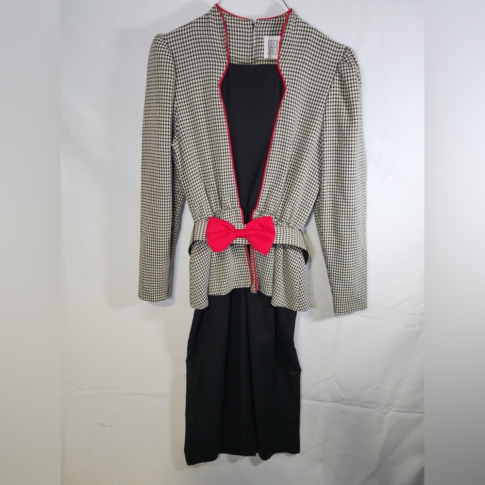 Sabino Vintage Belted Peplum Houndstooth Midi Dress Size 8